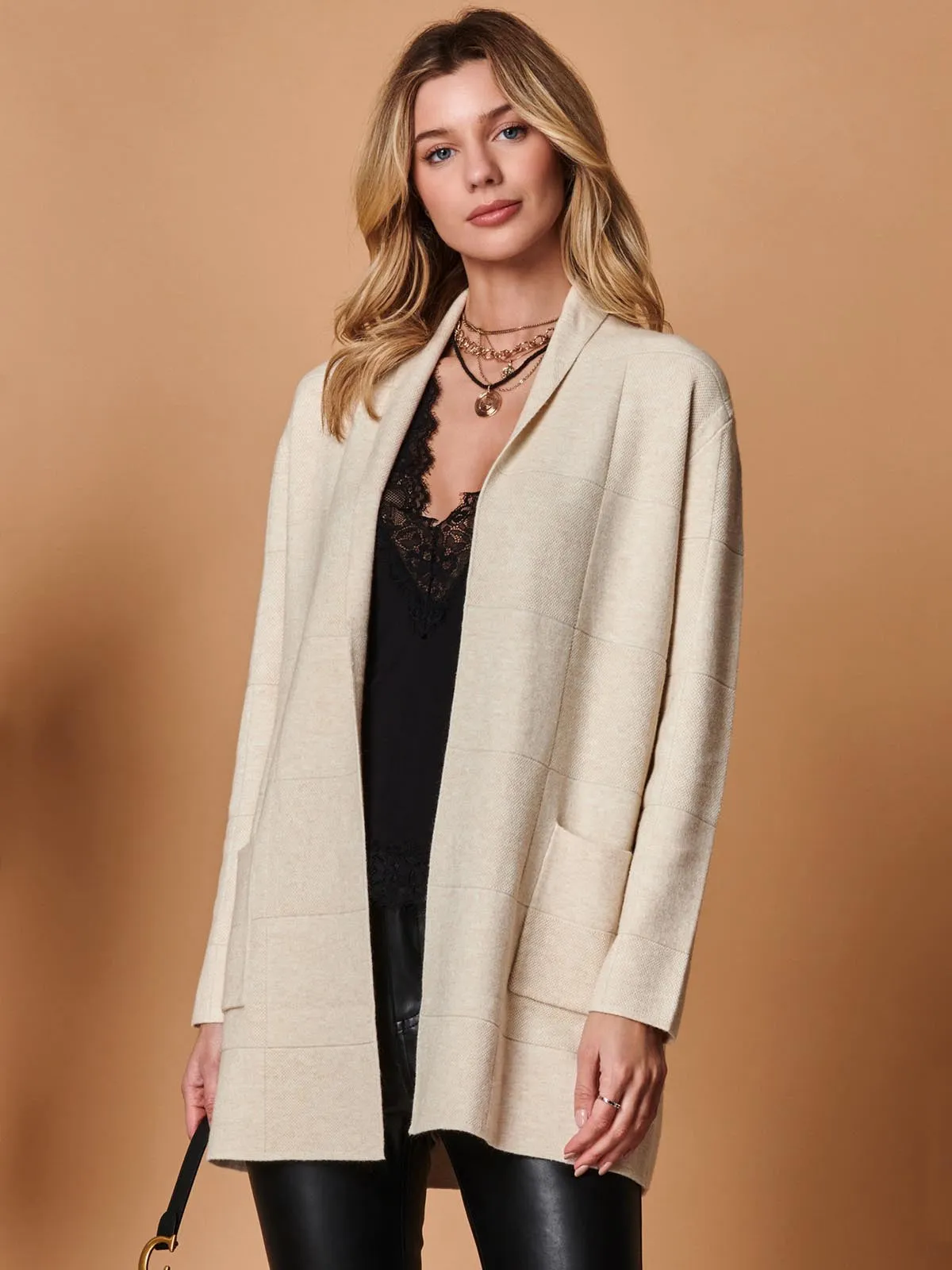 Shawl Collar Check Knit Cardigan, Beige Heather