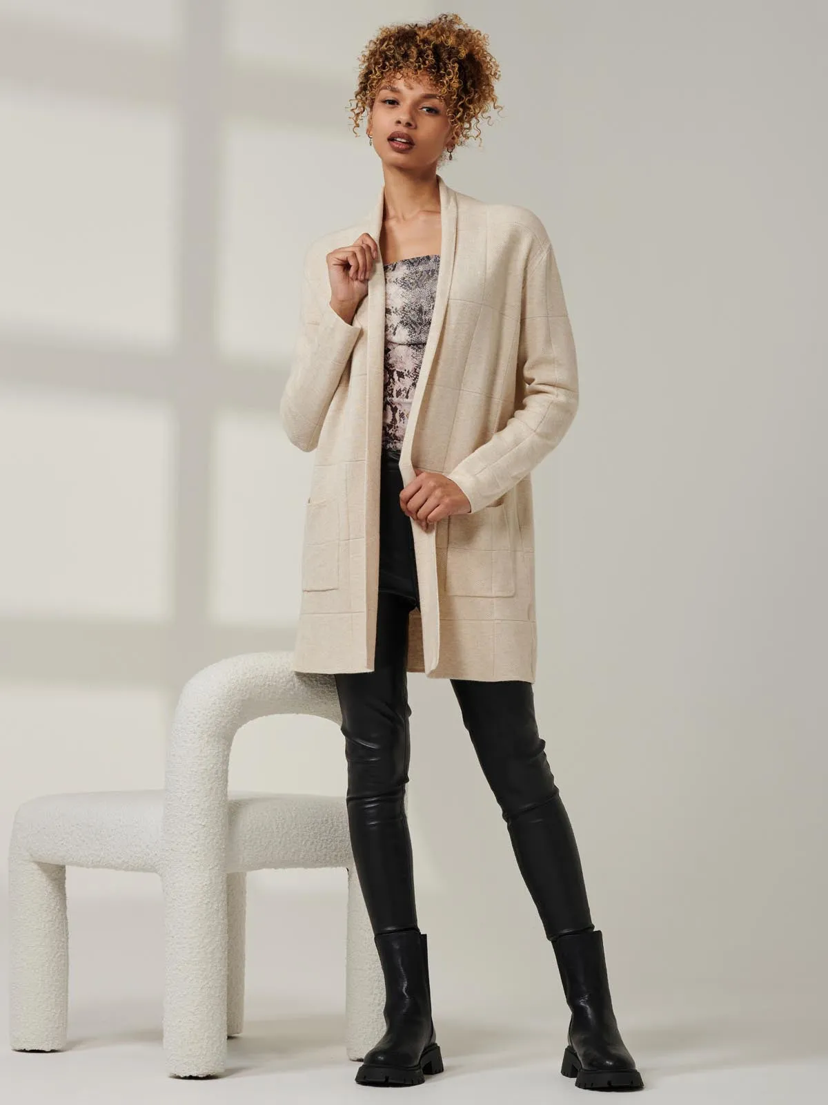 Shawl Collar Check Knit Cardigan, Beige Heather