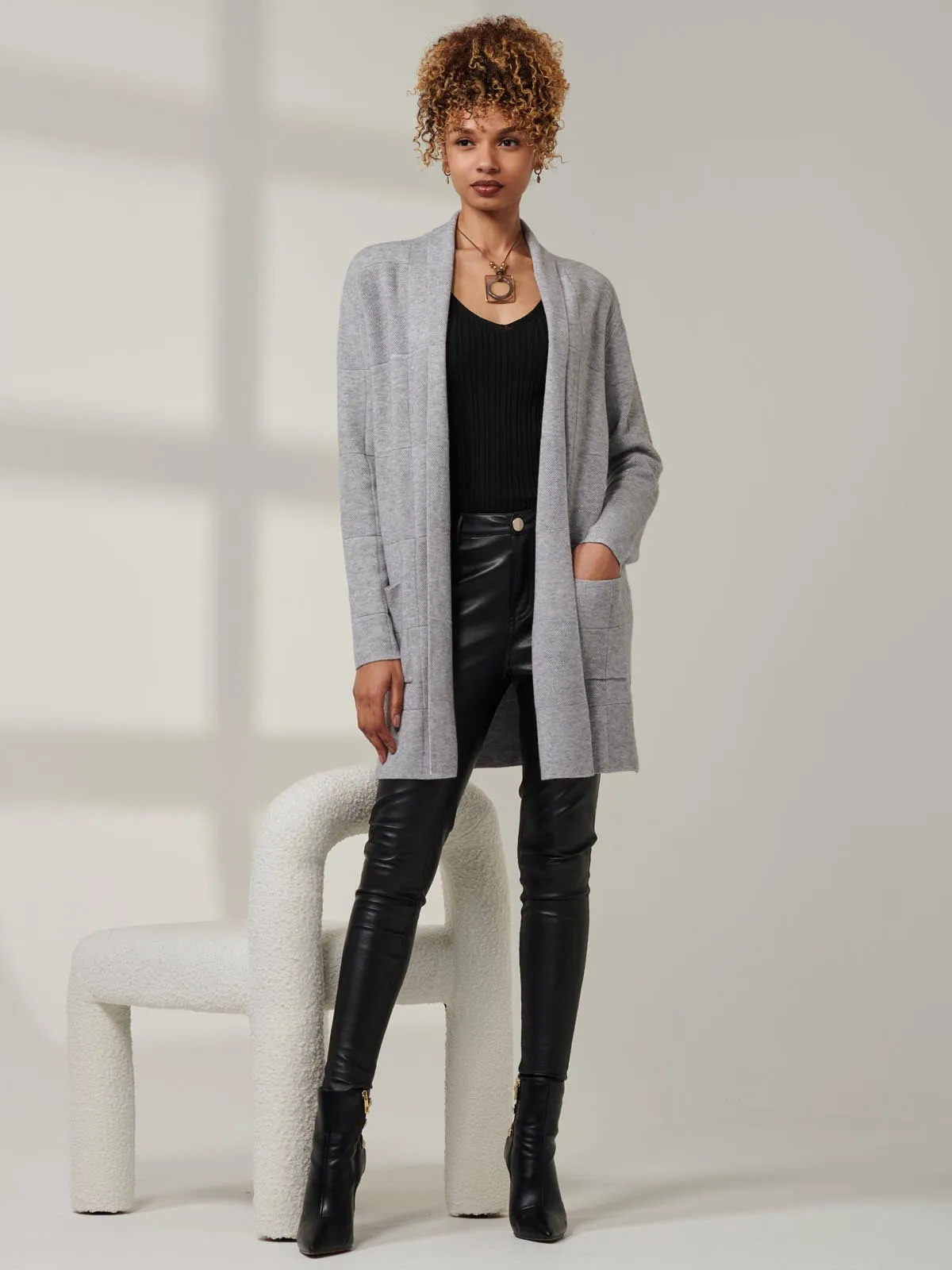 Shawl Collar Check Knit Cardigan, Grey Heather