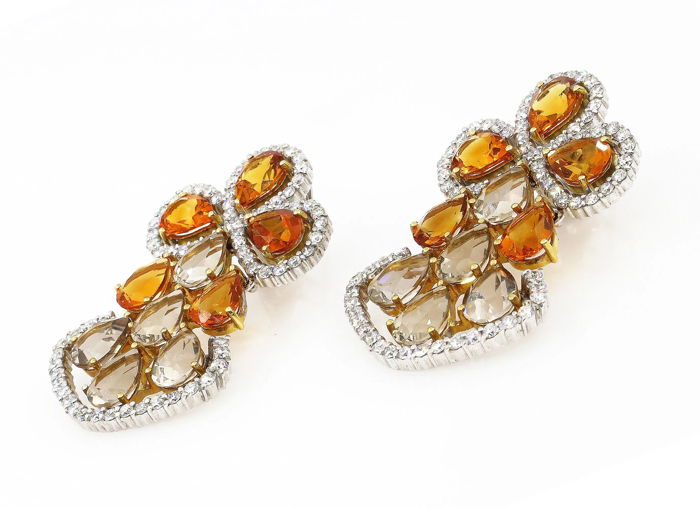 Spectacular 13.60ct DIAMOND Yellow CITRINE Smoky TOPAZ Earrings Chandelier Clip Post 18k White Gold