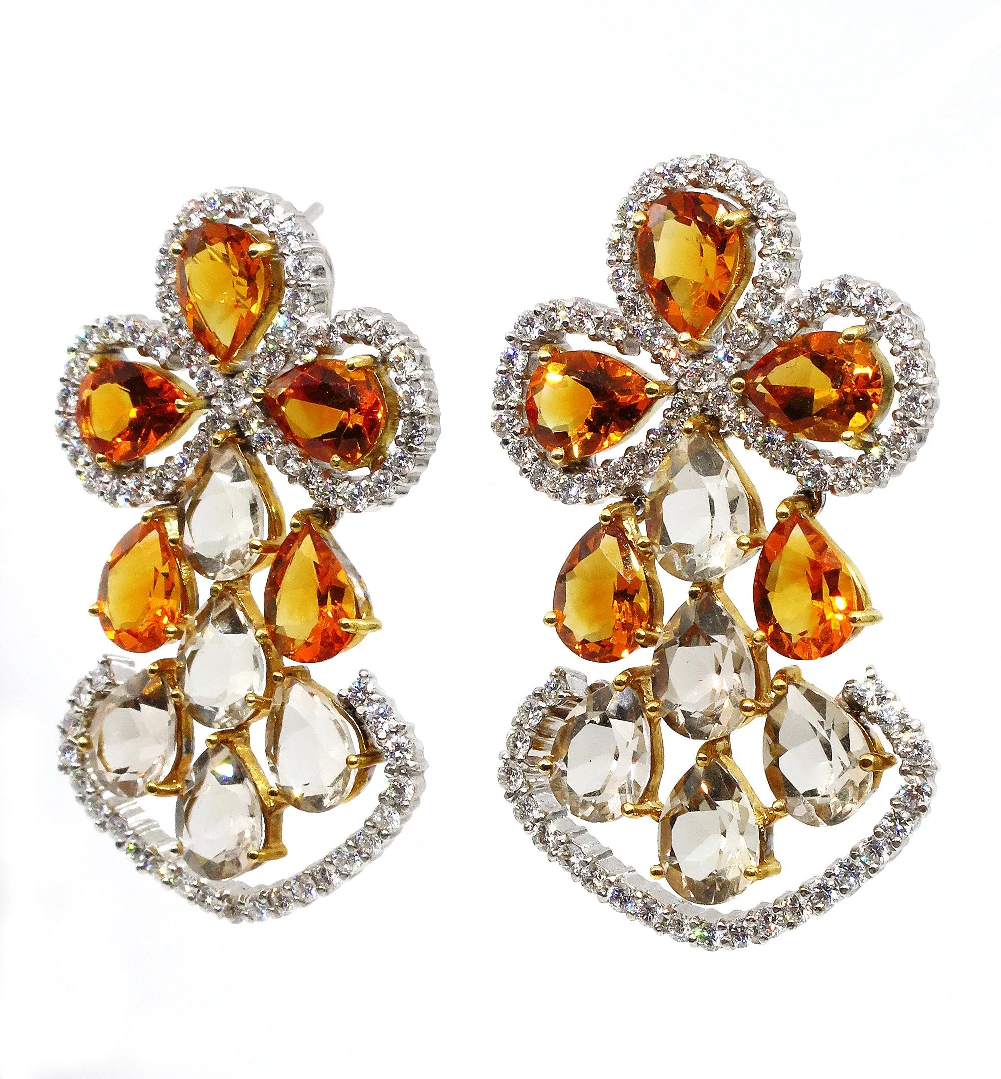 Spectacular 13.60ct DIAMOND Yellow CITRINE Smoky TOPAZ Earrings Chandelier Clip Post 18k White Gold