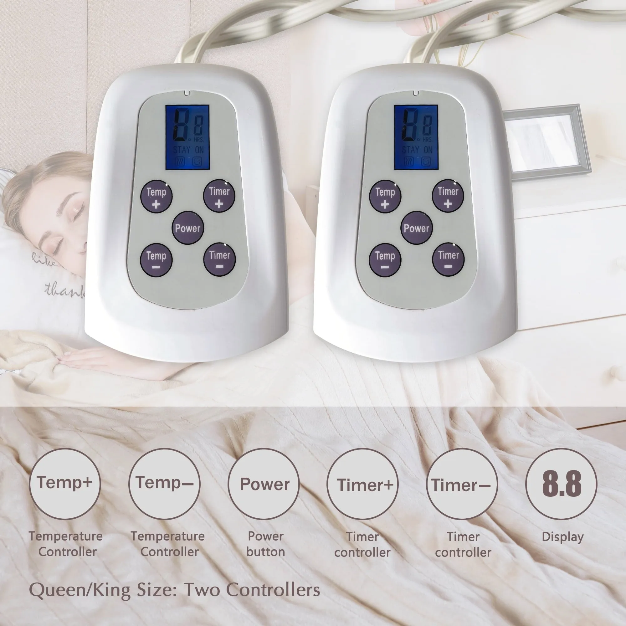 SUNVIVI Electric Blanket Queen Size with Dual Controllers,10 Heating Levels& 12 hours Auto-off,Overheat Protection,Red