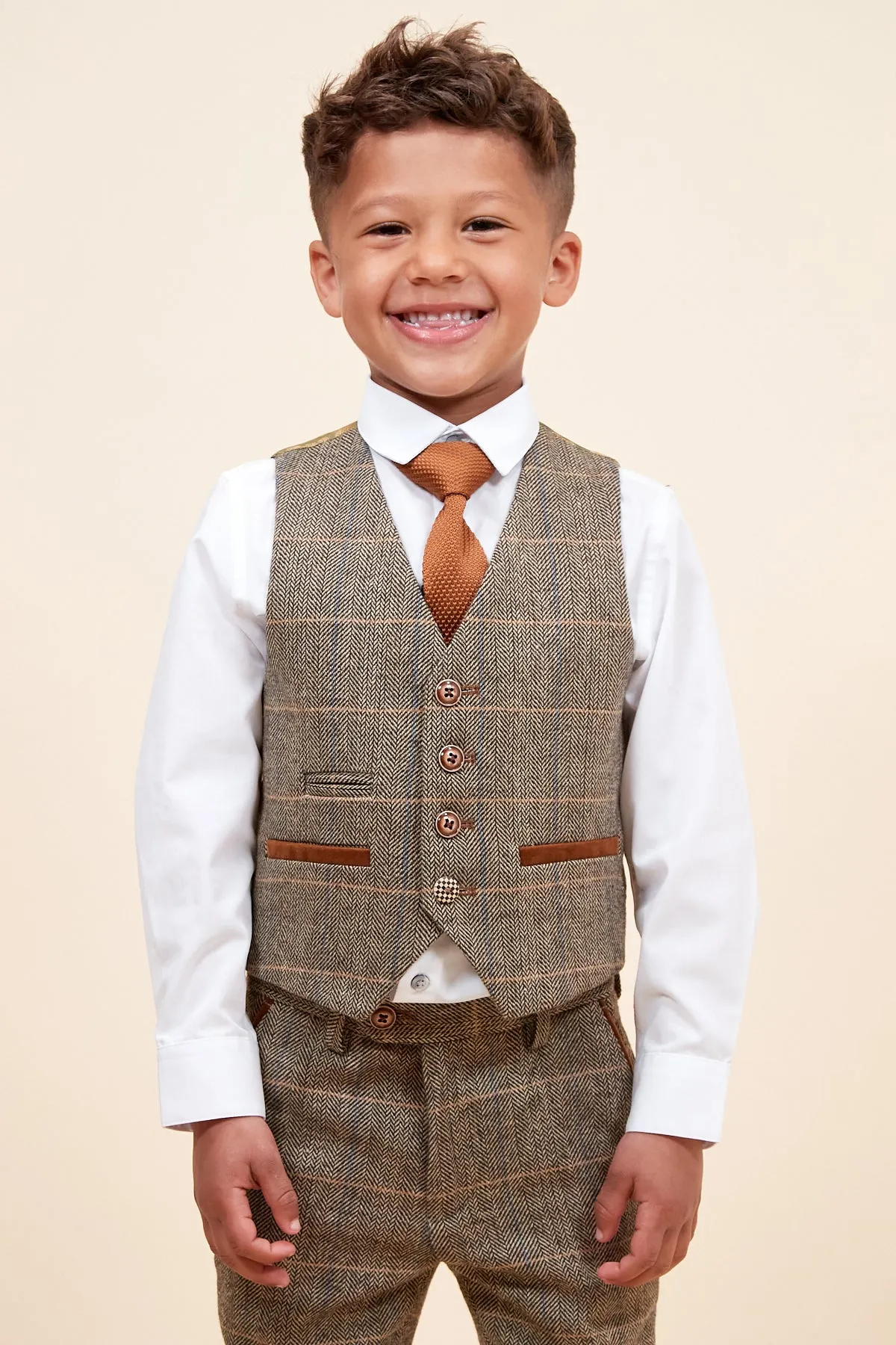 TED - Childrens Tan Tweed Check Three Piece Suit