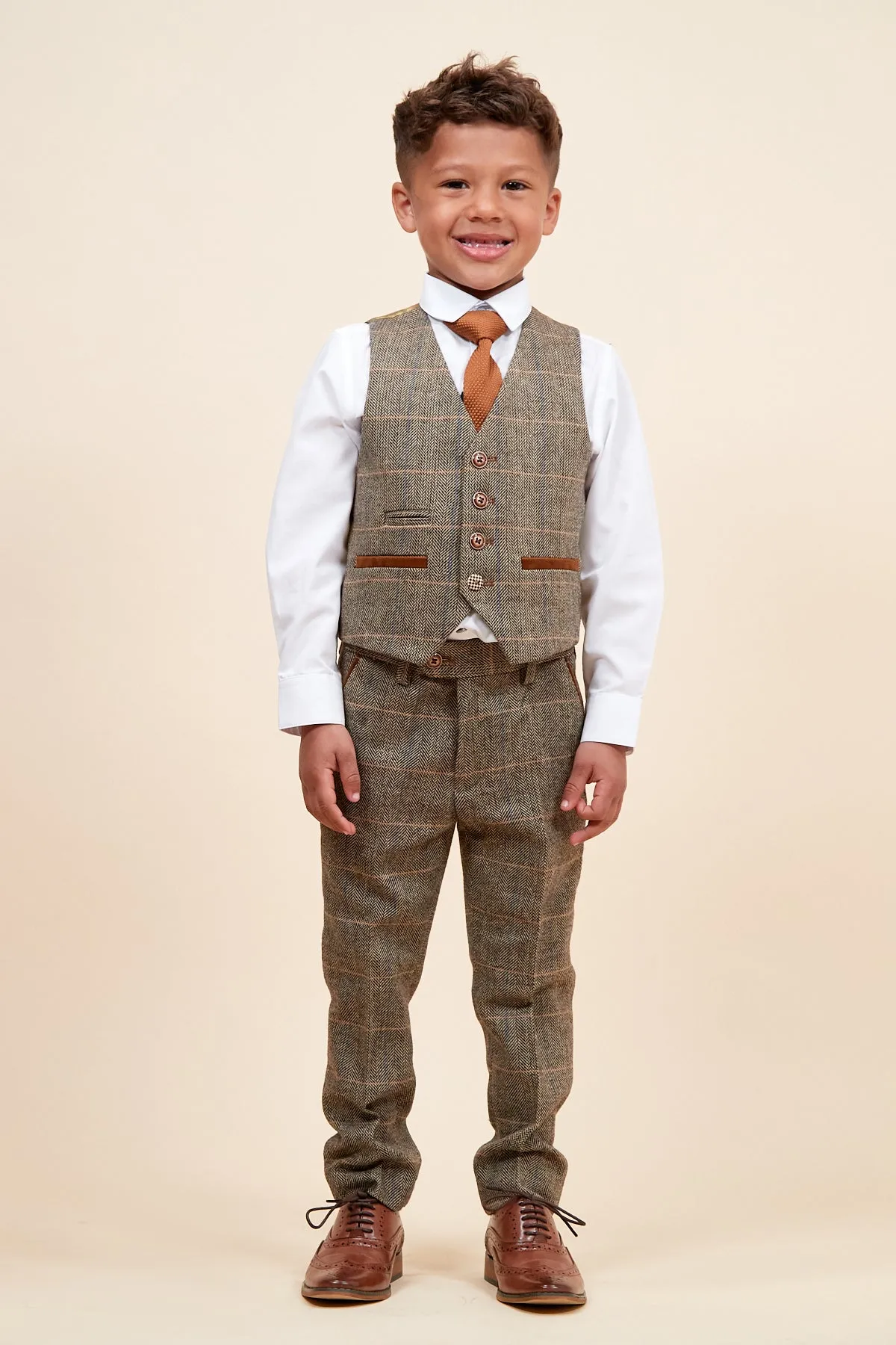 TED - Childrens Tan Tweed Check Three Piece Suit