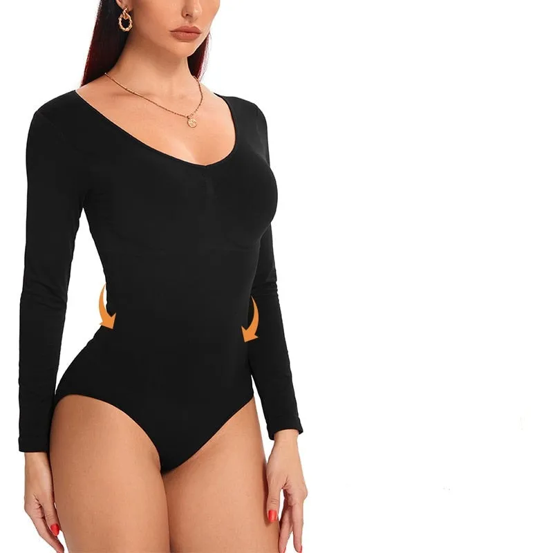 Tummy Control Slimming Brief Bodysuit Shaper with Long Sleeves