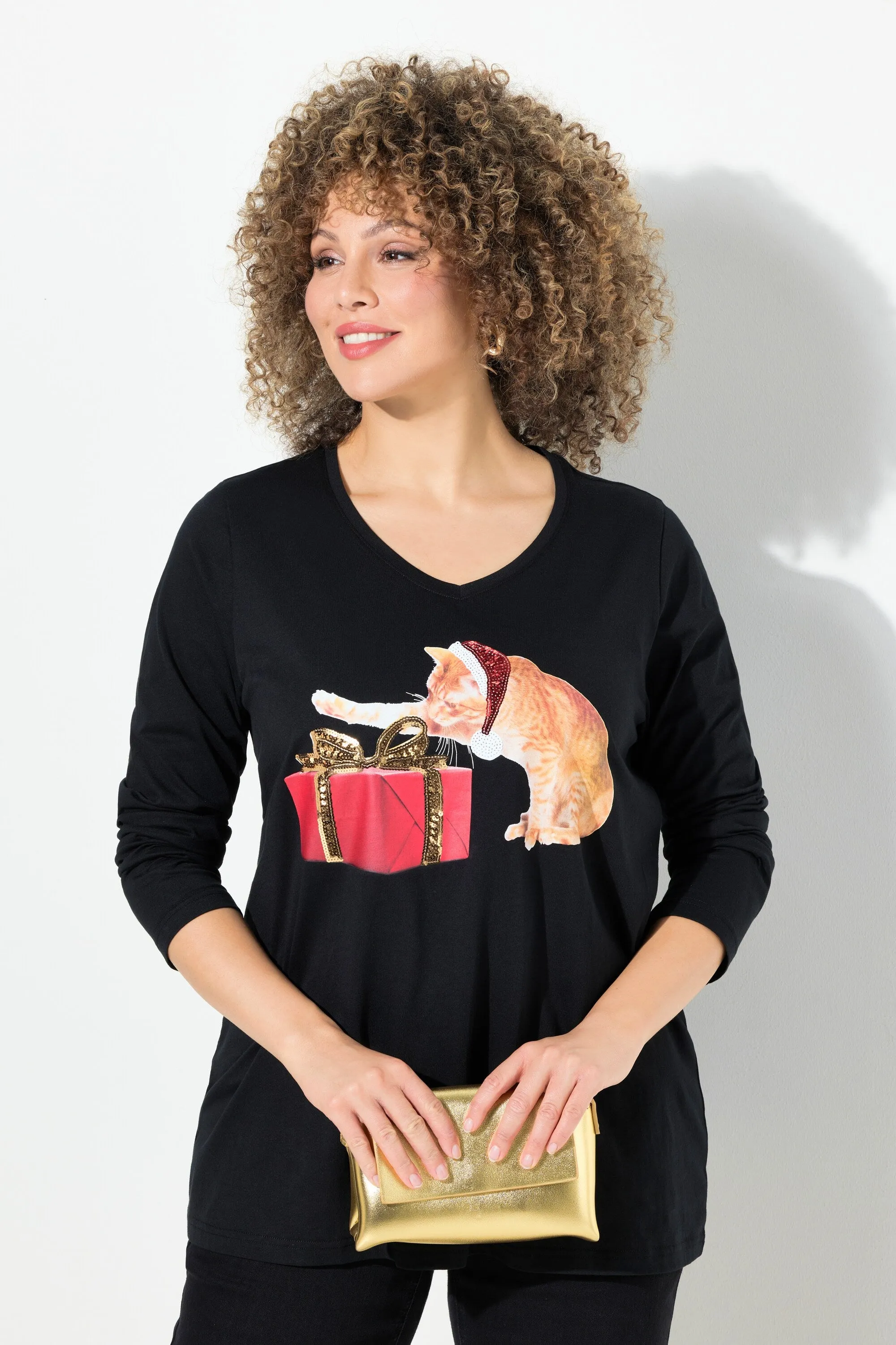 Ulla Popken Christmas Cat Top in Black