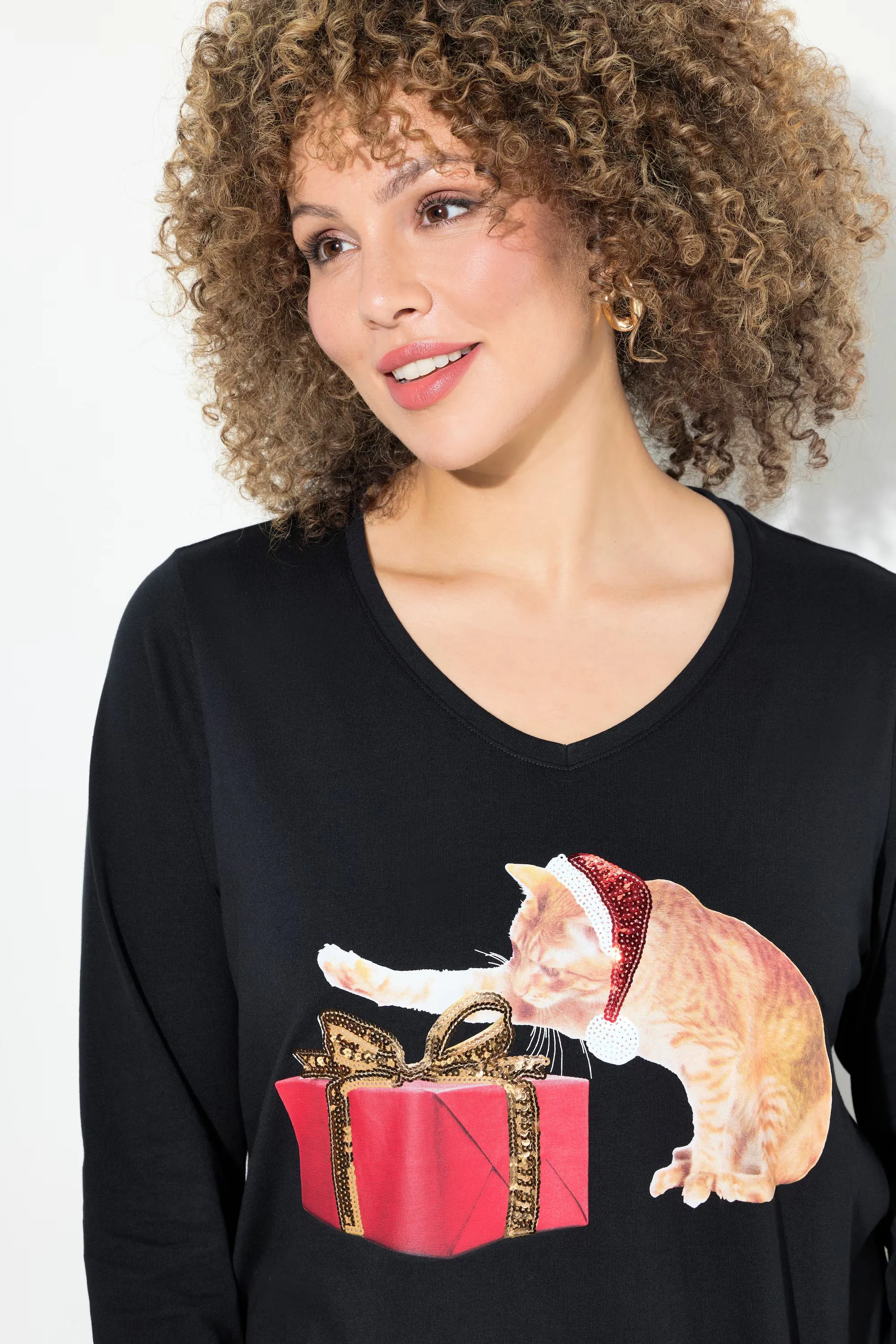 Ulla Popken Christmas Cat Top in Black