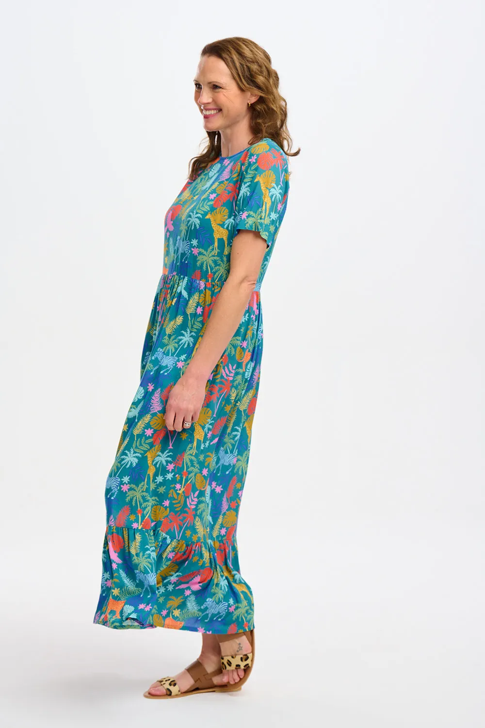 Vicky Maxi Smock Dress - Teal, Rainbow Jungle