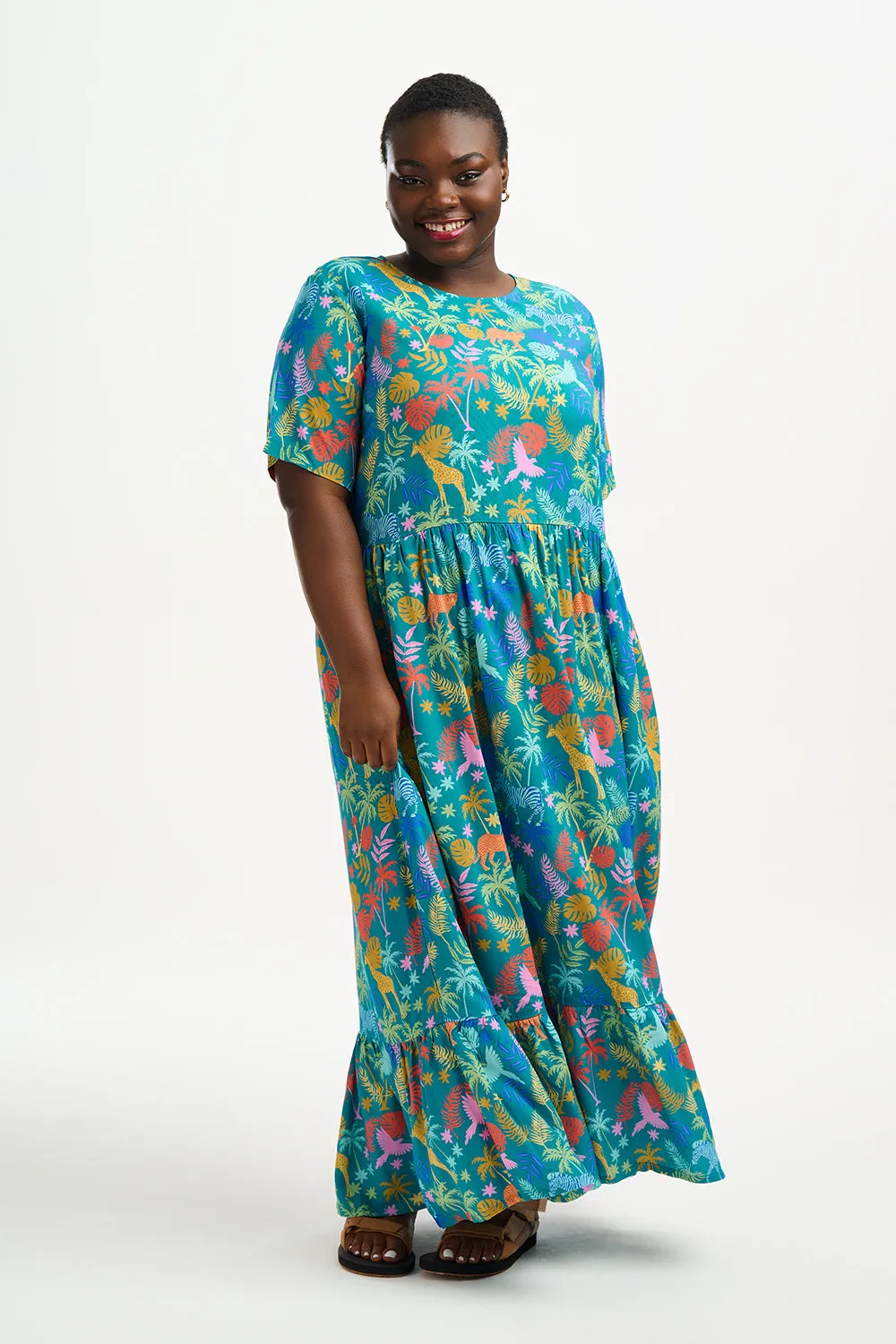 Vicky Maxi Smock Dress - Teal, Rainbow Jungle