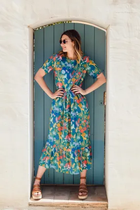 Vicky Maxi Smock Dress - Teal, Rainbow Jungle