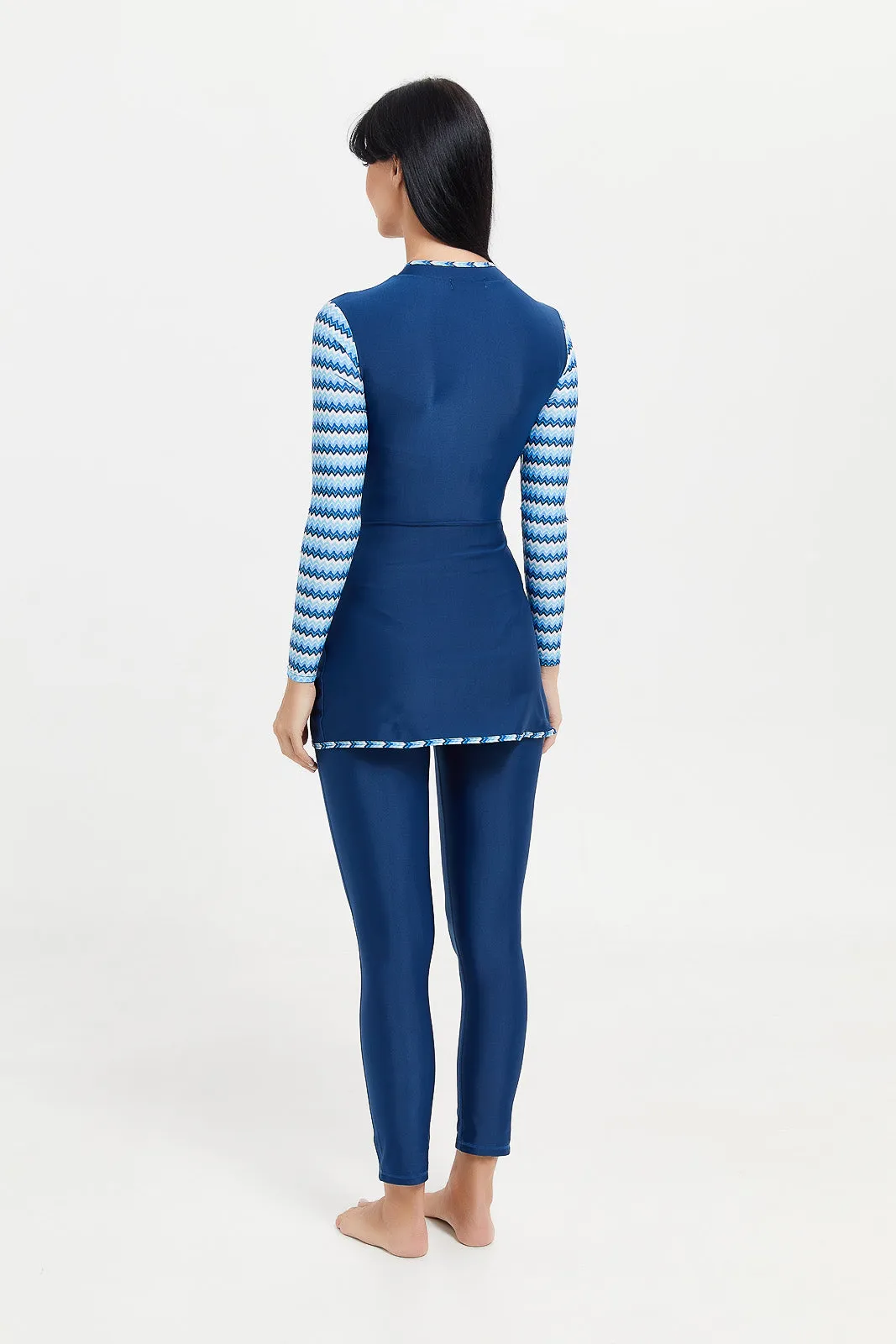 Women Blue Striped Swim Burkini Set (2 Piece